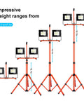 Beast Bright LED Work Lights With Stand 150W Flood Lights 30000LM showing adjustable height on tripod stands