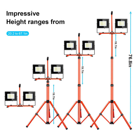 Beast Bright LED Work Lights With Stand 150W Flood Lights 30000LM showing adjustable height on tripod stands