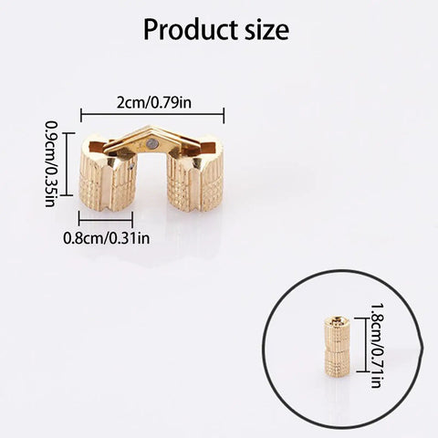 Concealed Cabinet Hinges Copper Barrels, size 0.8cm x 0.9cm x 2cm, with brass look for modern home decor.