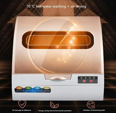 Compact Countertop Dishwasher Space Saving Mini Washer And Dryer With Smart Dual Cycle Controls, featuring 70°C hot water washing and air drying.