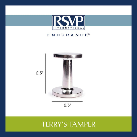 Pro Grade Dual Sided Espresso Tamper With Durable Aluminum Alloy Construction, single view, 2.5” height and base, silver finish.