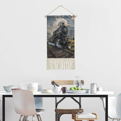 Steam Locomotive Train Hanging Poster With Beech Wood Frame in dining room, cotton linen wall art with tassel, modern rustic decor.