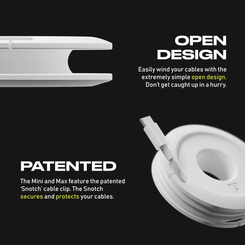 Side view and close-up of Mini And Max Earbud And Cable Winder Organizer 2 Pack With Adjustable Fits For 1 To 5 Feet And 1 To 8 Feet Cables Scotch Latch Travel Cord Wrap For Headphones And Cords Keeps Cables Neat And Tangle Free, highlighting open design and patented 'Snotch' clip.