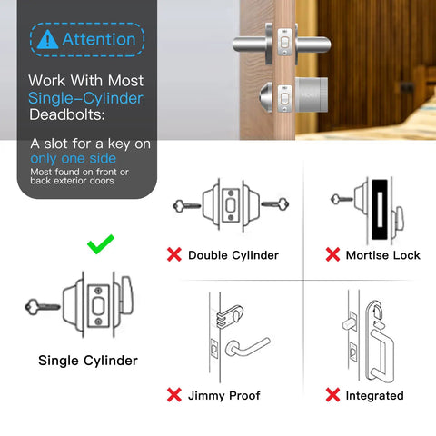Smart Front Door Lock With Keyless Entry For Existing Deadbolt, compatible with single-cylinder deadbolts diagram.