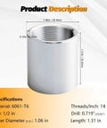 Half Inch NPT Threaded Full Coupling Aluminum 6061 T6 Schedule 40 Pipe Fitting 2 Pack Durable Rust And Corrosion Resistant For Plumbing Air And Industrial Projects, 1/2 in 6061-T6 aluminum female coupling