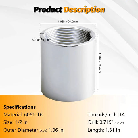 Half Inch NPT Threaded Full Coupling Aluminum 6061 T6 Schedule 40 Pipe Fitting 2 Pack Durable Rust And Corrosion Resistant For Plumbing Air And Industrial Projects, 1/2 in 6061-T6 aluminum female coupling