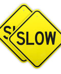 Two Pack Dang Tough Slow Warning Signs Measuring Twelve Inches Square Cut From Heavy Duty Rust Free Aluminum Featuring Vivid Reflective Sheets