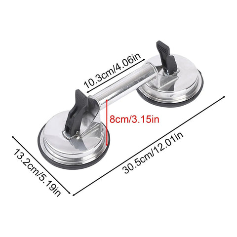 Heavy Duty Glass Suction Cup With Stainless Steel Handle For Lifting Heavy Tiles Smooth Panels And Glass, showing measurements and design details.
