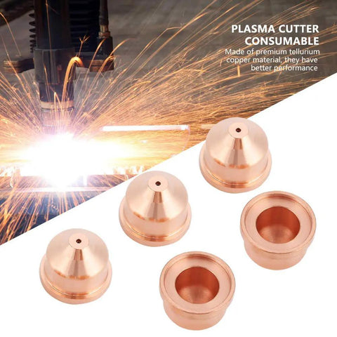 5Pcs 420169 Plasma Cutting Nozzles And Torch Tips Set For Plasma Cutters, copper construction, shown with cutting sparks and details.