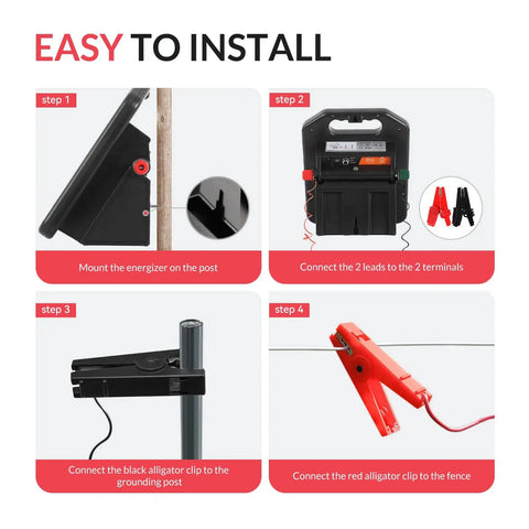 Portable Solar Fence Charger With Day Night Mode Up To 10 Miles Of Coverage, 0.16J Energizer installation steps.