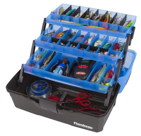 3 Tray Tackle Box Organizer With 32 Compartments And 13 Removable Dividers open showing lures and tools in frost blue and black