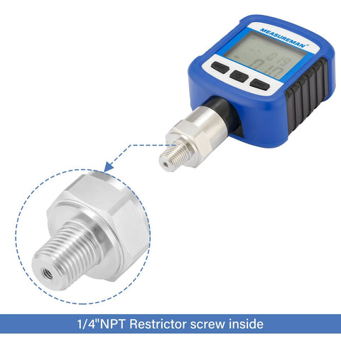 Front view of MEASUREMAN digital pressure gauge with blue housing, LCD display, and 1/4-in NPT stainless steel connection.