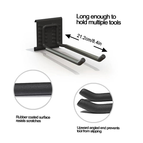 Adjustable hook for Top Shelf Heavy Duty Metal Garage Wall Mount Tool Organizer with rubber coated surface for tool support.