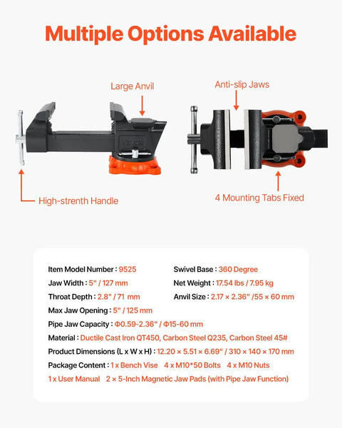 5 Inch Bench Vise With 360 Degree Swivel Locking Base And Anvil, Beefy Heavy Duty Ductile Iron Construction details and features