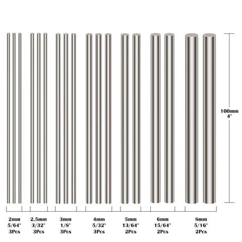 Front view of 18-piece stainless steel round rod set, diameters 2-8 mm, 100 mm length.