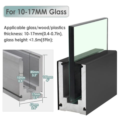 Tough As Nails Deck Railing Glass Spigot Clamp With Side Mount Bracket, designed for 10-17mm glass thickness with dimensions shown.