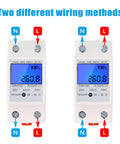 No Fuss Single Phase Energy Meter 5 To 80A DDM15SC With LCD Display shown with two wiring setups for DIN Rail Mount