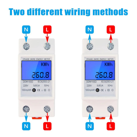 No Fuss Single Phase Energy Meter 5 To 80A DDM15SC With LCD Display shown with two wiring setups for DIN Rail Mount