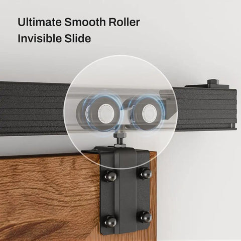 Close-up of Ultimate Smooth Roller on Rock Solid Heavy Duty Sliding Barn Door Track Box Rail Kit for Single Doors.