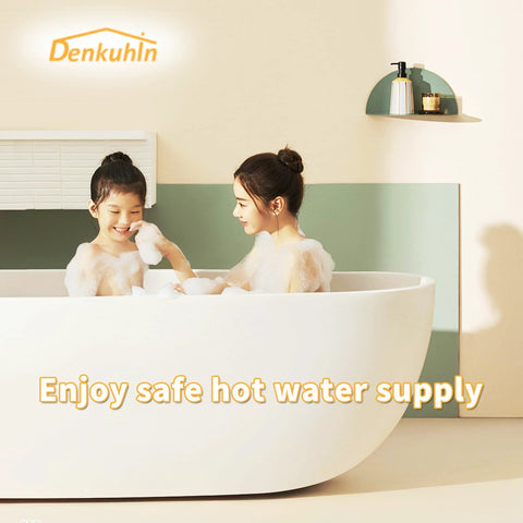 Front view of a white freestanding bathtub with two people in a bubble bath; Denkuhin logo on the wall.