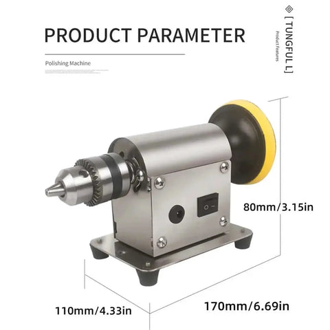 Pro-Grade Benchtop Polisher For Jewelry And Rock Crystal, Heavy-Duty 775 Motor, dimensions labeled, B12 Chuck visible