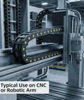 Industrial setup showcasing Cable Drag Chain 25x77mm Closed Type R55 for CNC machines, guiding cables securely on a robotic arm.