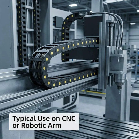 Industrial setup showcasing Cable Drag Chain 25x77mm Closed Type R55 for CNC machines, guiding cables securely on a robotic arm.