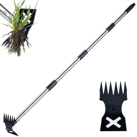 60 Inch Weed Puller With Long Handle, 2 In 1 Garden Weed Rake And Hoe, showing deep root removal functionality.