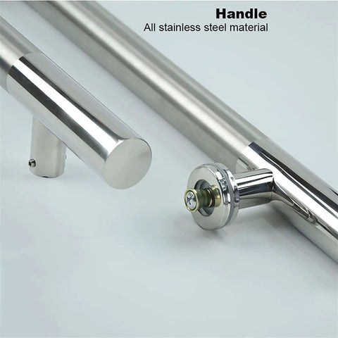 Close-up of Built-To-Last Stainless Steel Door Handle Set for Glass and Wood Doors, featuring rust-resistant finish and hardware.