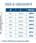 Chart showing sizes and quantities from Cotter Pin Assortment Kit With 230 Pieces In 13 Sizes 304 Stainless Steel R Shaped Cotter Pins