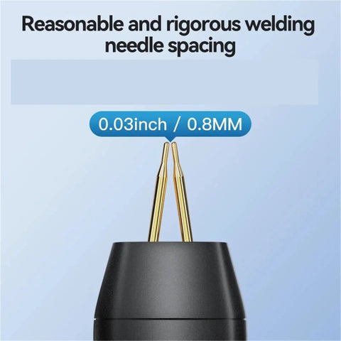 Close-up of welding needle spacing on portable handheld spot welder for DIY projects, adjustable 11 power levels, compact welding machine.
