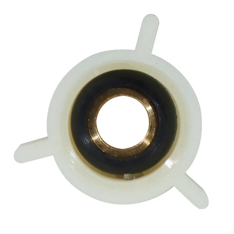 Four Pack PEX Fittings With Brass Swivel Adapters One Half Inch Female NPT Thread Crimp Fittings For PEX Tubing And RV Faucets DIY Friendly Install Works With Clamp Rings Or Copper Crimp Rings No Tools Needed. Brass 1/2 in PEX swivel adapter close-up