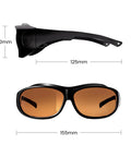 Heavy Duty OD5 Blue Laser Filter Safety Glasses For Precision 3D Scanning With Sick Eye Protection And Crystal Clear Ultraviolet Shielding For Hobbyists, side and front view with size dimensions.