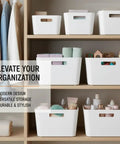 Large Capacity Front Access Storage Bin With Clear View, Stackable Plastic Organizer for Home Kitchen Closet or Office, BPA Free Matte White on shelf.