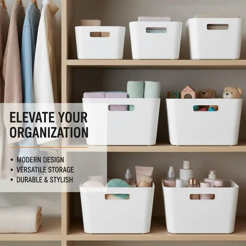 Large Capacity Front Access Storage Bin With Clear View, Stackable Plastic Organizer for Home Kitchen Closet or Office, BPA Free Matte White on shelf.
