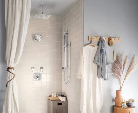 Modern bathroom with Via 3/4 Inch Volume Control Trim Kit Chrome Finish, Requires S3600 Valve, M-PACT Compatible in tiled shower