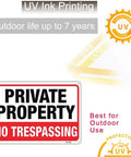No Trespassing Private Property Sign 14x10 Inch Aluminum Weatherproof Outdoor Yard Fence Durable UV Printed Two Pack for home and biz use.