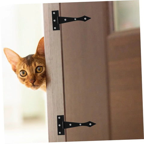 Installed: two black iron cabinet hinges on a wooden door; cat peeking from the edge