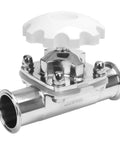 Front view of DERNORD sanitary diaphragm valve, 2 in. tri-clamp, stainless steel 316L with white handwheel