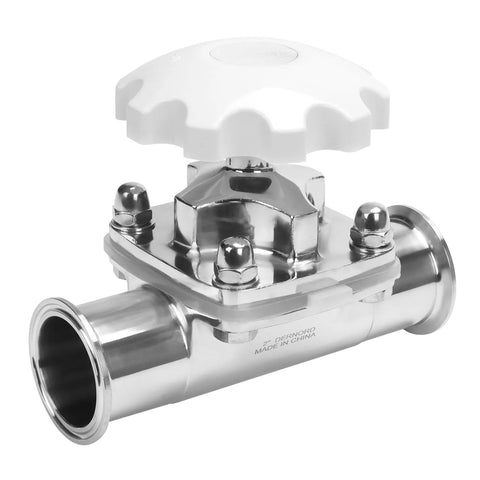 Front view of DERNORD sanitary diaphragm valve, 2 in. tri-clamp, stainless steel 316L with white handwheel