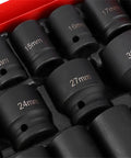 Top Notch 35 Piece Metric Hex Socket Impact Kit With Long And Short Drive Sleeves For Hardcore Automotive Jobs Built From Tough Chrome Vanadium Steel To Handle Heavy Duty Grips And Rust Free Durable Performance Every Single Time. 14mm 15mm 16mm 17mm 24mm 27mm 30mm impact sockets in case