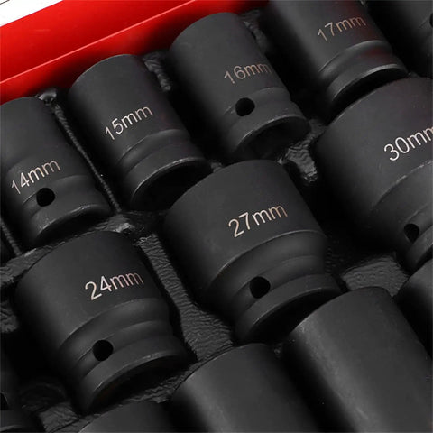 Top Notch 35 Piece Metric Hex Socket Impact Kit With Long And Short Drive Sleeves For Hardcore Automotive Jobs Built From Tough Chrome Vanadium Steel To Handle Heavy Duty Grips And Rust Free Durable Performance Every Single Time. 14mm 15mm 16mm 17mm 24mm 27mm 30mm impact sockets in case