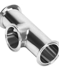 Angled view of a 2-inch stainless steel tri-clamp tee with clamp ends for brewing systems.