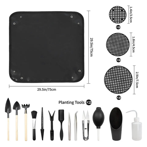 Foldable Plant Repotting Mat With 13 Piece Mini Garden Tools And 30 Pot Hole Mesh Pads, Waterproof Oxford Cloth, flat lay.