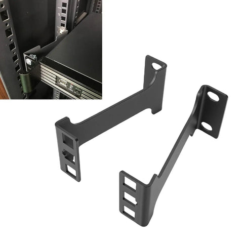 Rock Solid 1U Server Rack Depth Extender And 4 Inch Recessed Rack Mount Adapter Kit with black metal brackets for server cabinets.