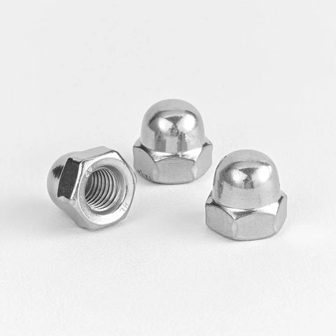 Close-up of 1/4-20 Stainless Acorn Nuts 30 Pack, 304 Stainless Steel 18-8 Bright Finish showing fully threaded interior and domed top.