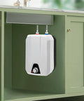 Wall Mounted Electric Mini Tank Water Heater 1.59 Gallon 1500 Watt 110 Volt installed in a kitchen cabinet with adjustable thermostat.