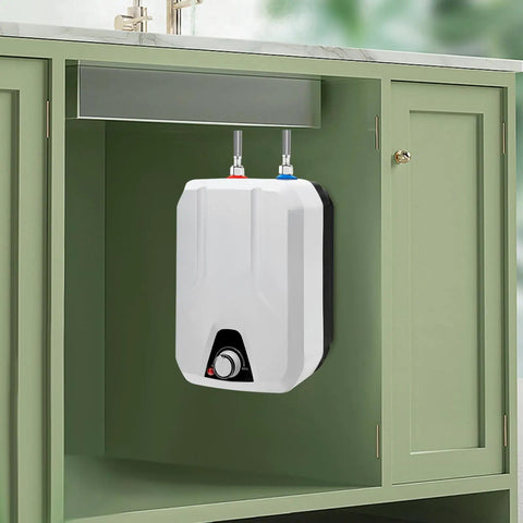 Wall Mounted Electric Mini Tank Water Heater 1.59 Gallon 1500 Watt 110 Volt installed in a kitchen cabinet with adjustable thermostat.