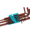 Premium 9 Piece Ball Head Hex Key Wrench Set Made From Alloy Steel With Long Arms For Tight Spots And Deep Holes Perfect For Furniture Assembly Car Fixes Or Home Upgrades That Get The Job Done Right, brown alloy steel hex keys in blue holder