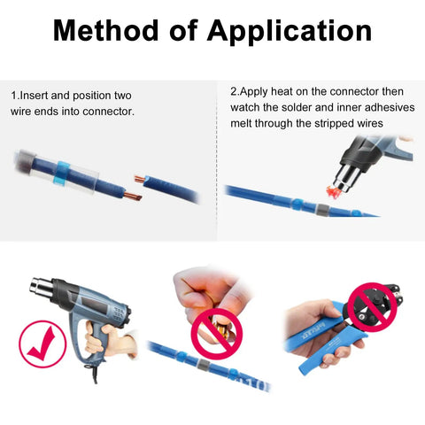 Method of Application for Heavy Duty Waterproof Heat Shrink Wire Connectors Kit 120 Pcs with heat gun and connector setup.